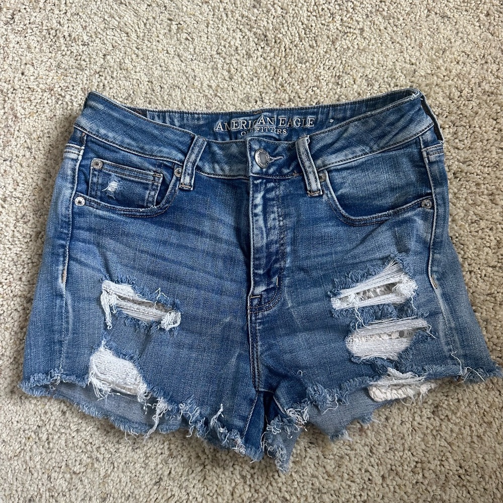 American Eagle Outfitters Blue Distressed Denim Shorts with Lace pockets